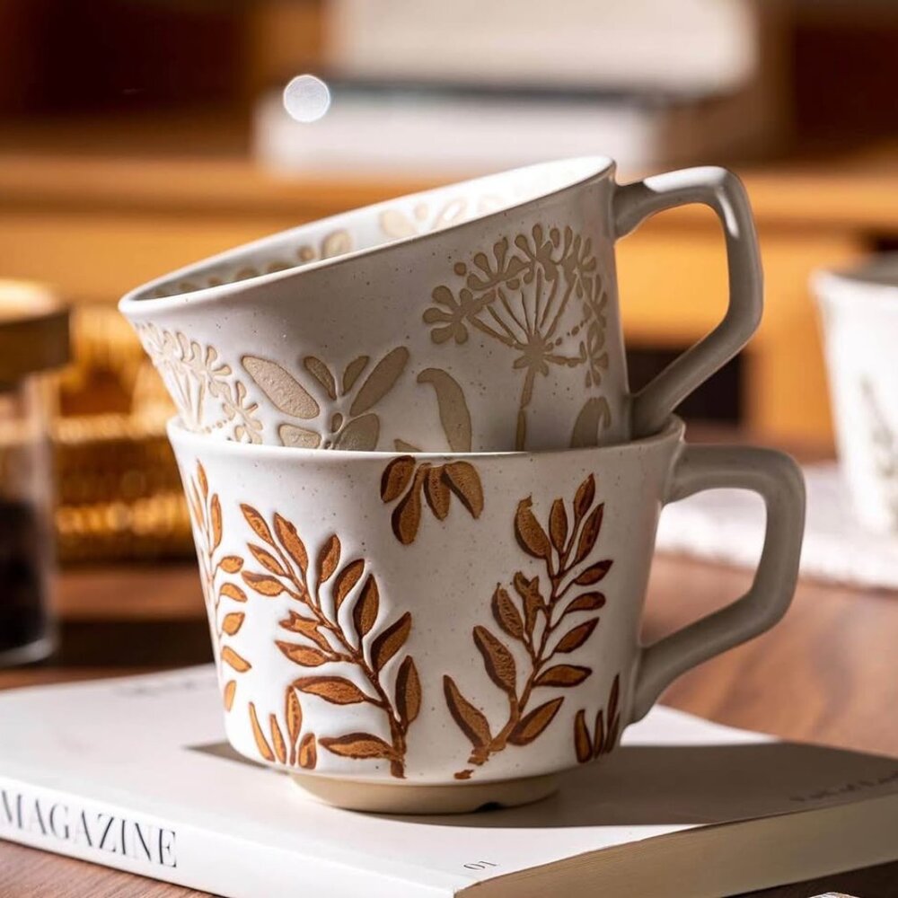 2 pc. Ceramic 11 oz. Mugs w/spoon-Dishwasher & Microwave Safe-Butterfly/Maple